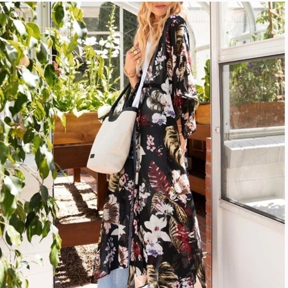 Walter Baker Tulum Sheer Tropical Print Floral Kimono Longline Duster Jacket O/S - Picture 2 of 11
